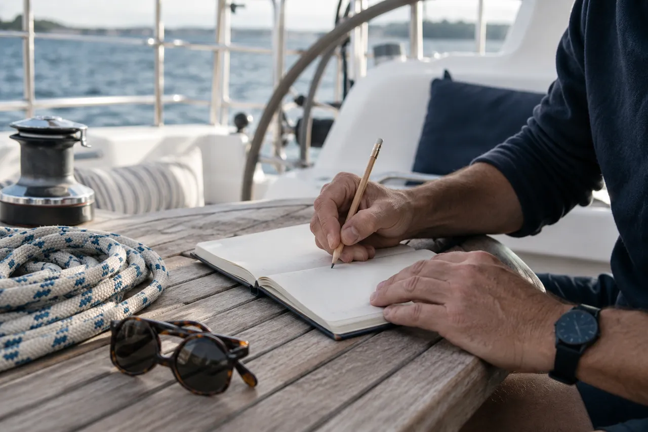 AI-generated editorial illustration: A sailor recording learning notes on a teak cockpit table