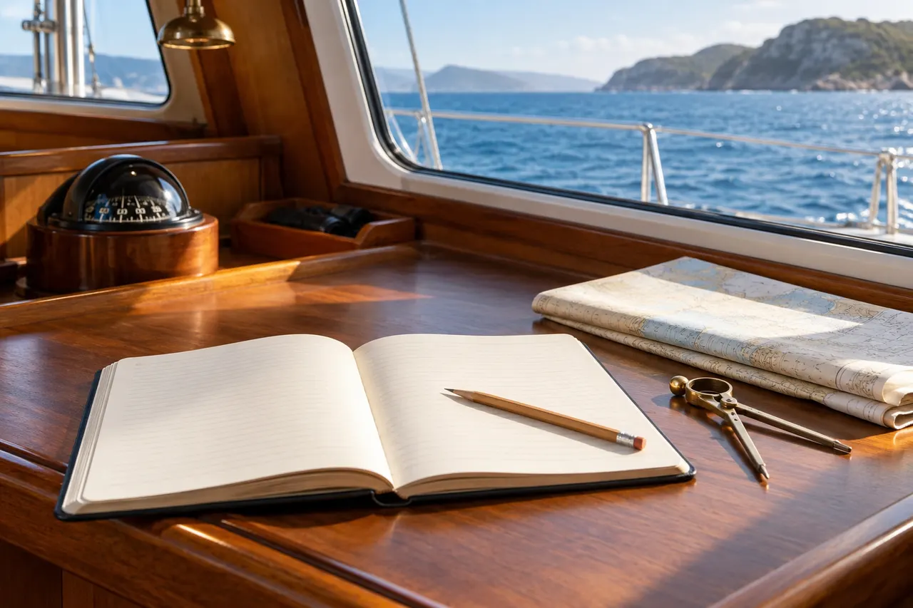AI-generated editorial illustration: Open logbook and navigation instruments on a sunlit yacht desk